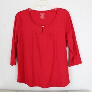 LL Bean Red Smoked L-Reg Cotton Scoop Neck Key Hole Top